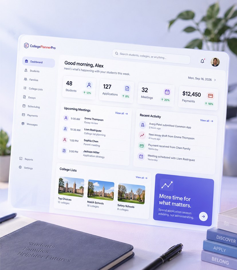 The CollegePlannerPro dashboard open on a tablet propped on a consultant’s desk.